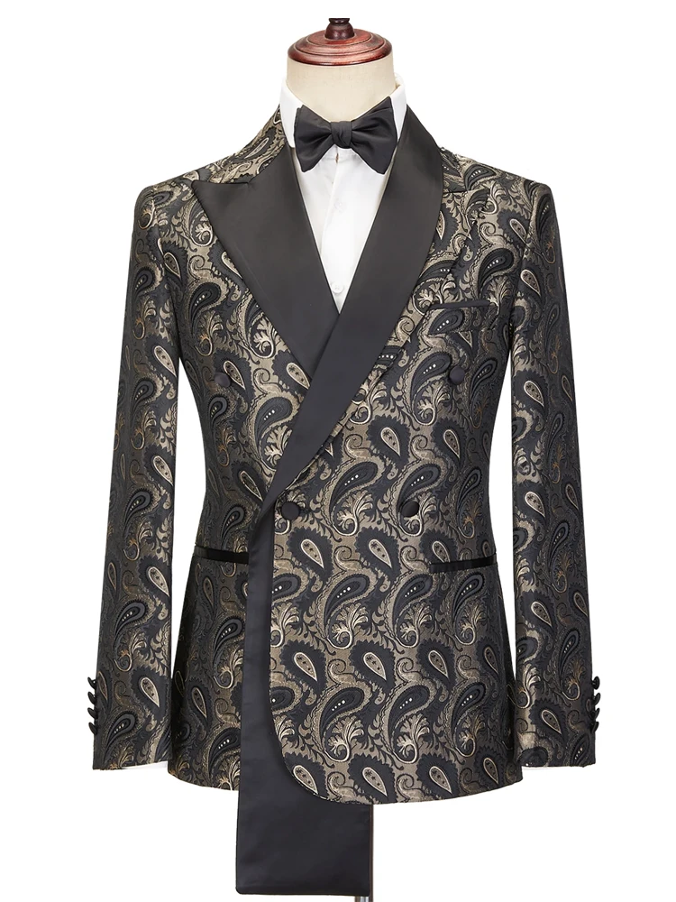 3 Piece Gold Champagne Wedding Suits Black Satin Shawl Lapel Wedding Tuxedos